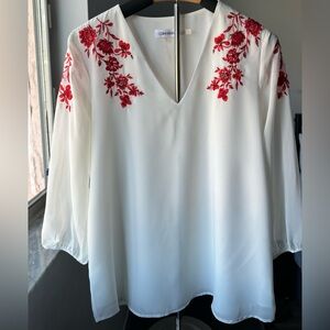 Calvin Klein White V-Neck Tunic with Red Floral Embroidery